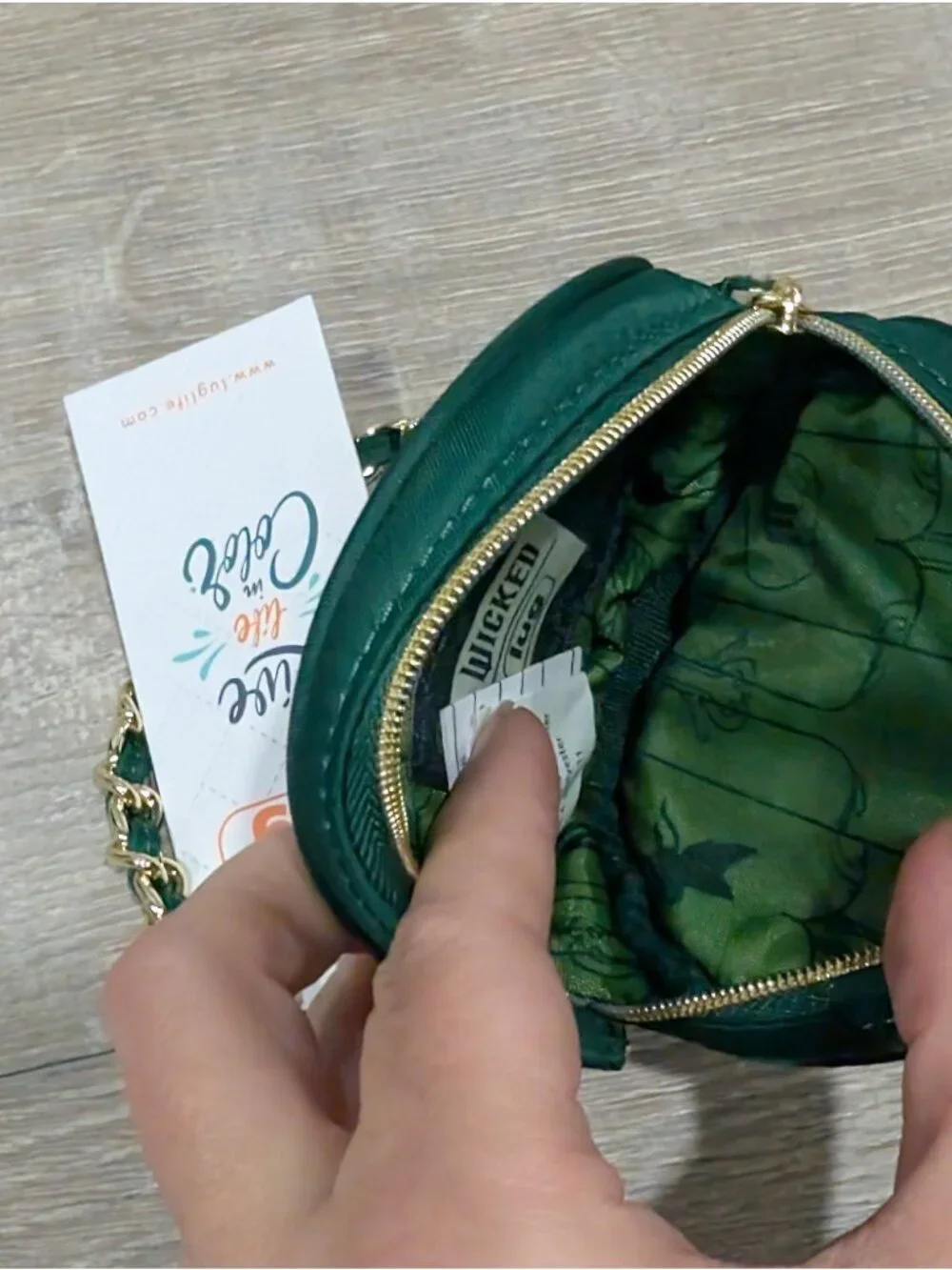 NWT Wicked X Lug Ozwheel Pouch With Embroidery Green Zip Around Gold Strap Bag